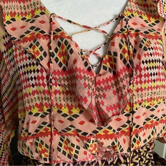 Rebecca Minkoff Multicolored Boho Ruffle Collar Mini Dress 100% Silk Size XS - Picture 2 of 13